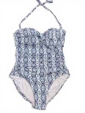 Helen Jon Swimsuit Blue Geo One-Piece Kaleidoscope Print Halter Strap Large